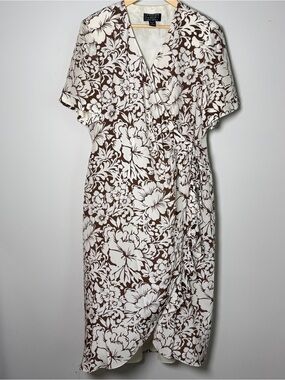 Spenser Jeremy Woman Brown White Floral 100% Silk Wrap Maxi Dress Plus Size 16